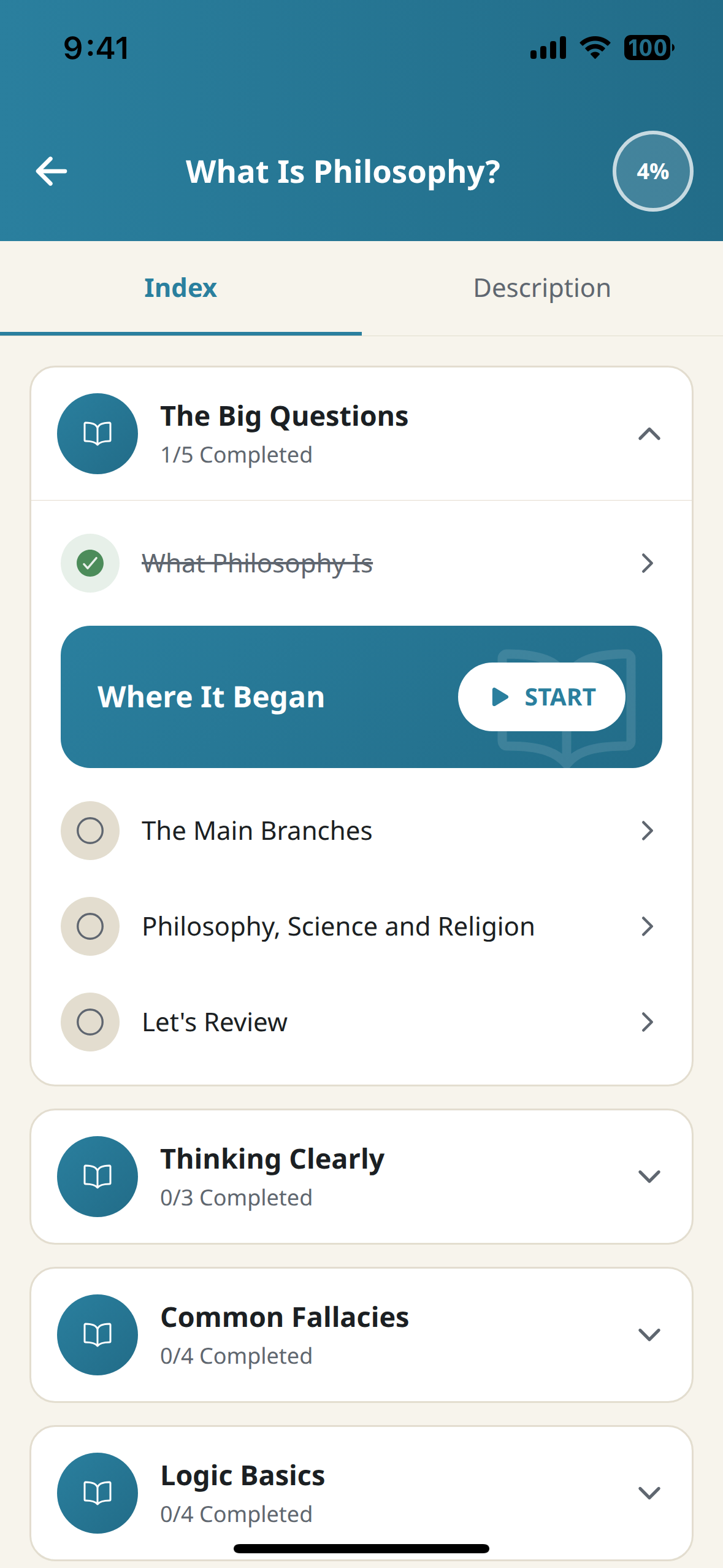 A course screen of the Philos app, with its modules and lessons