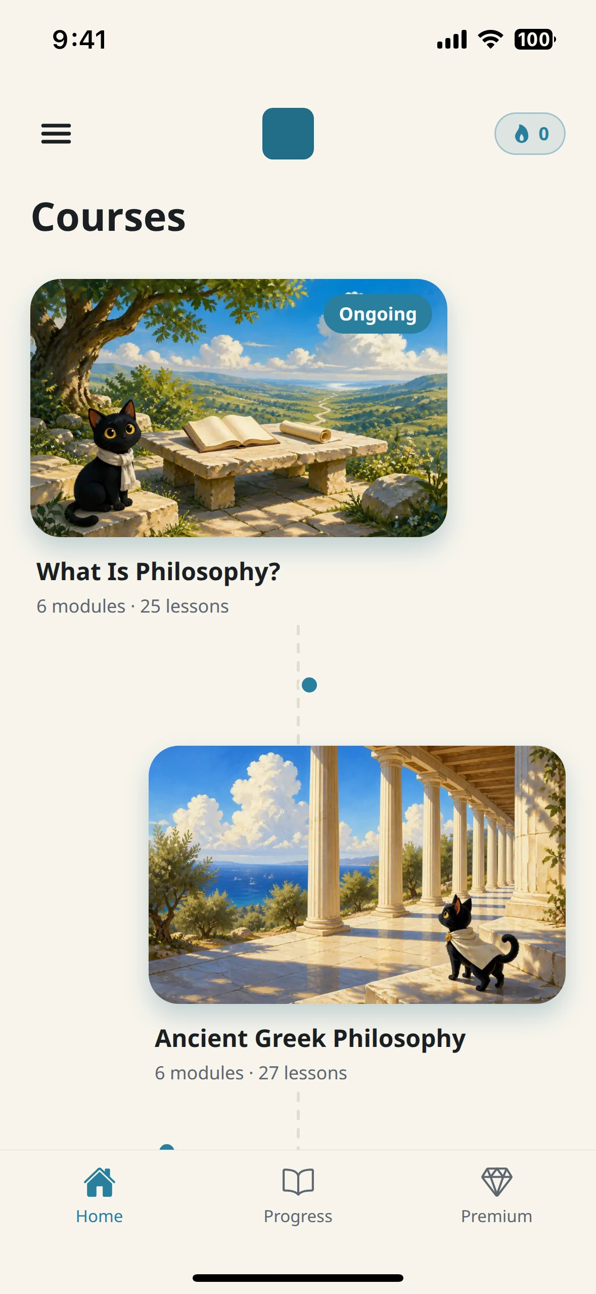 Home screen of the Philos app, listing the courses